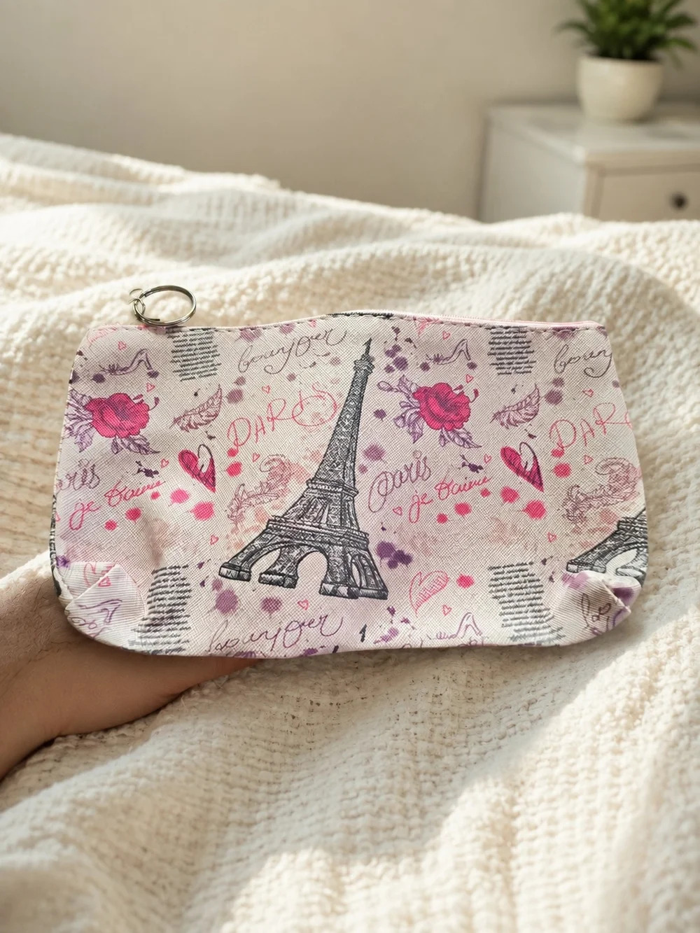 Pink Eiffel Tower Canvas Cosmetic Pouch with Key Ring